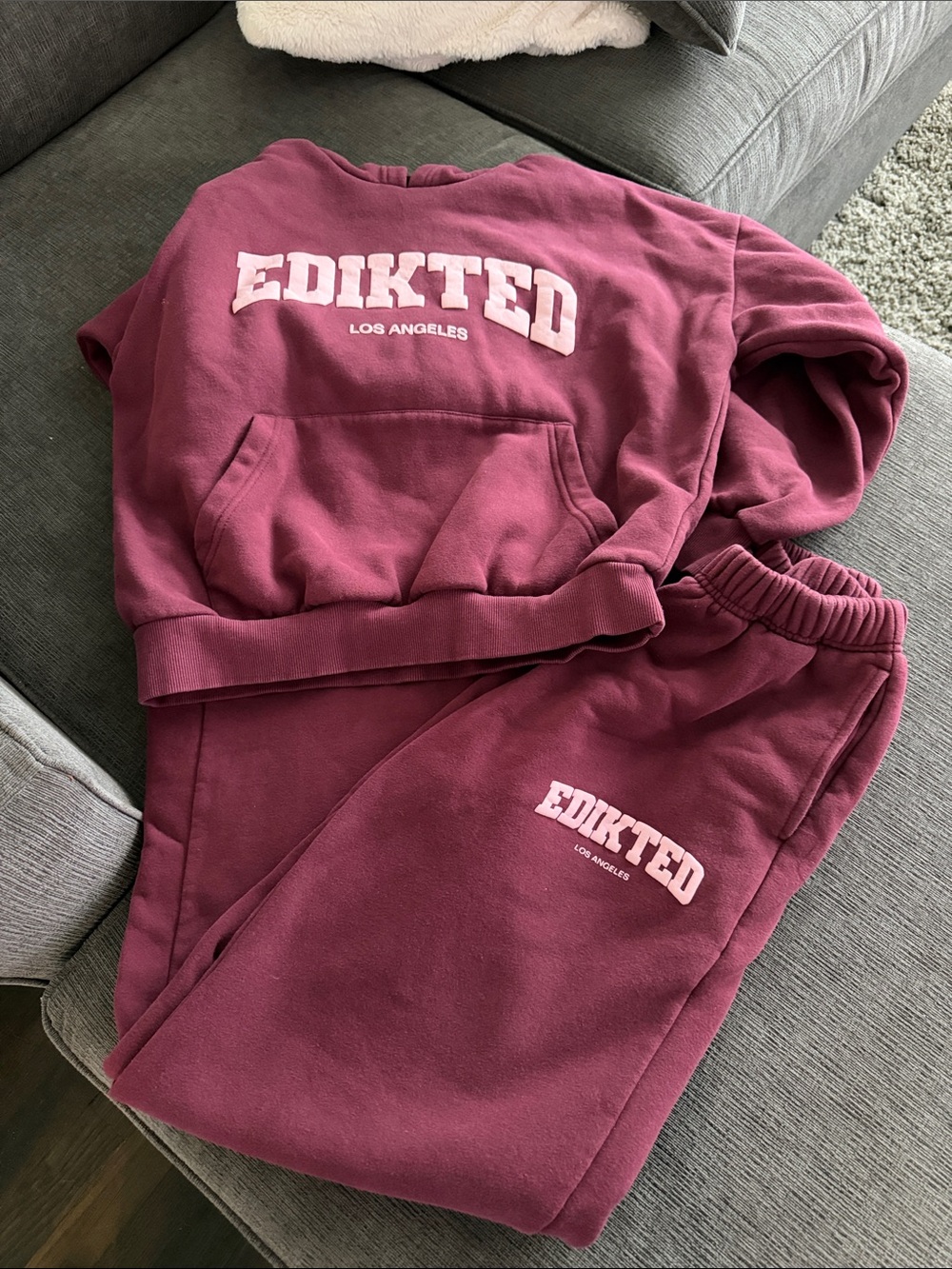 Edikted Wide Leg Sweatpants & Hoodie Set in Maroon